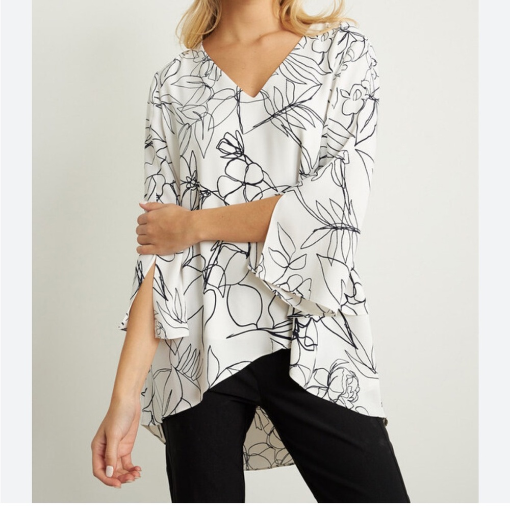 Joseph Ribkoff V Neck Blouse Flutter Sleeve Asymmetrical Layer Front Floral